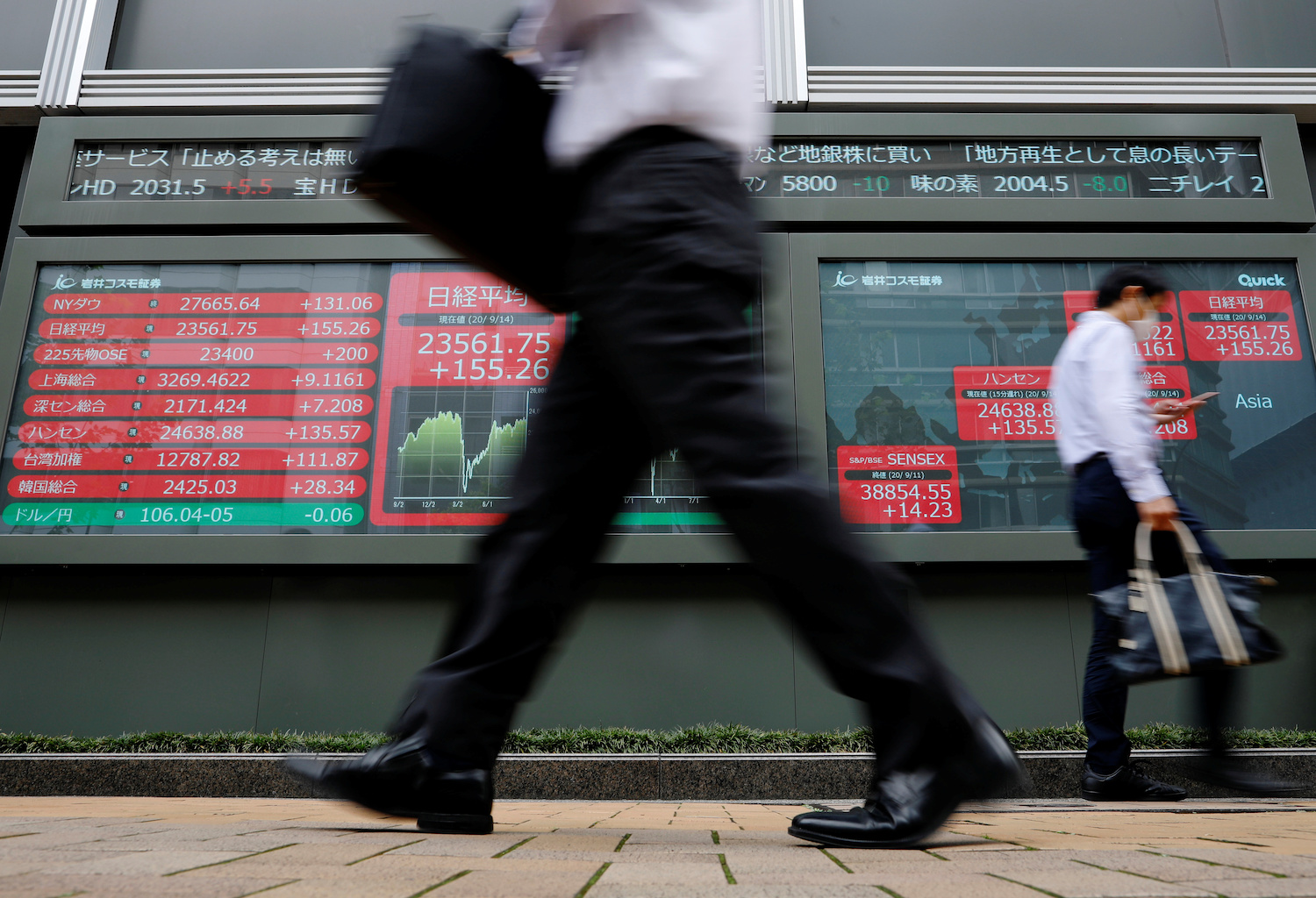 People walk by stock board in Japan