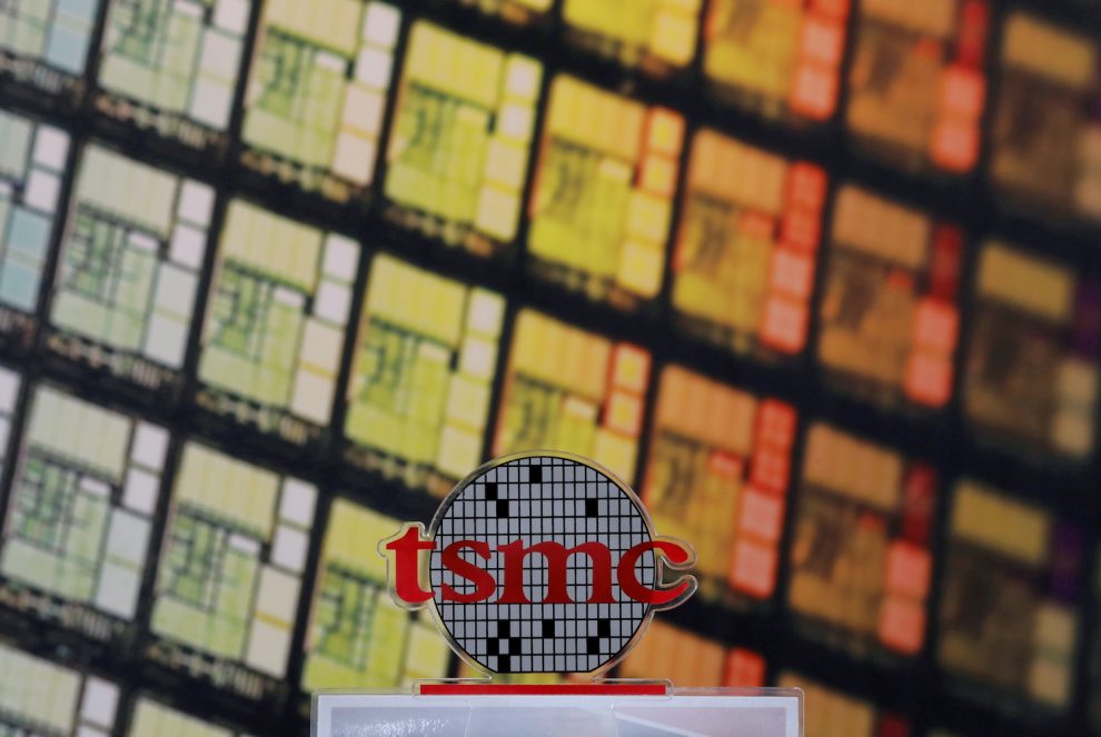 A logo of Taiwan Semiconductor Manufacturing Co (TSMC) is seen at its headquarters in Hsinchu