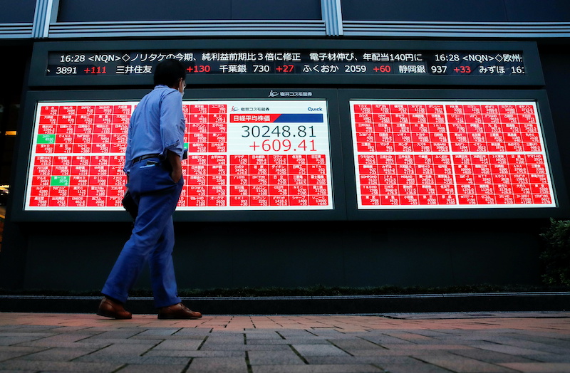 A Nikkei Index board outside a brokerage in Tokyo, Japan
