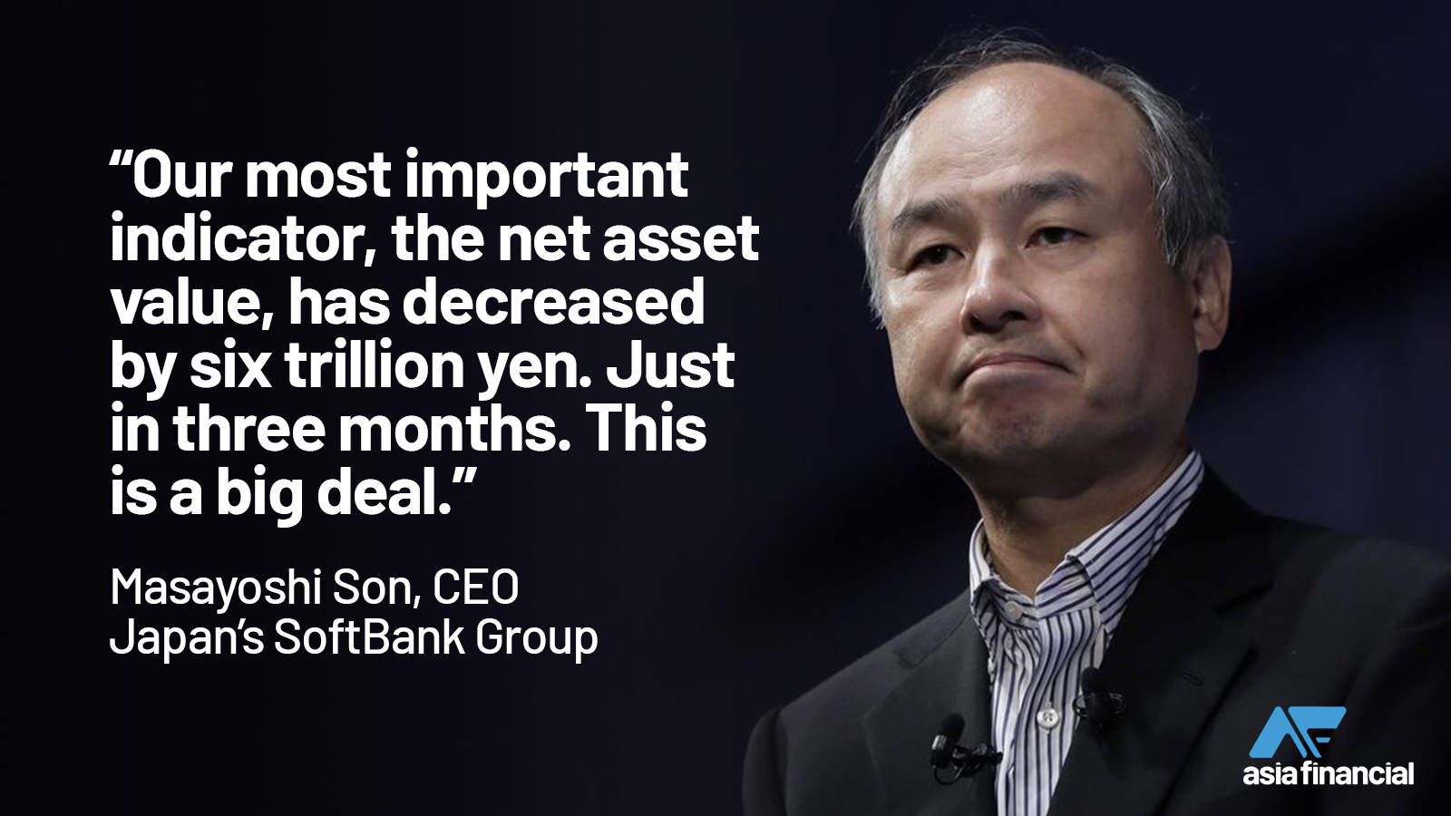 Japan’s SoftBank Group CEO Masayoshi Son said the firm was “in the middle of a blizzard” as shares of Alibaba Group Holding, SoftBank’s largest single investment, fell more than 30% in the three months ended September.