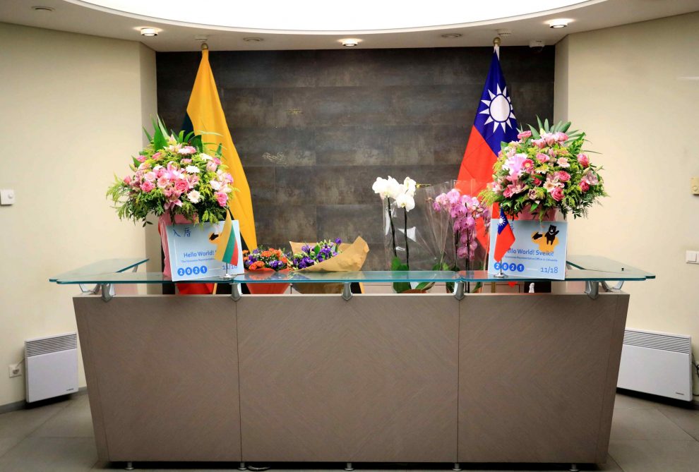 the lobby of the Taiwanese Representative Office with flowers in Lithuania, Vilnius. Taipei announced on November 18 ,2021 it had formally opened a de facto embassy in Lithuania using the name Taiwan, a significant diplomatic departure that defied a pressure campaign by Beijing. PETRAS MALUKAS / AFP