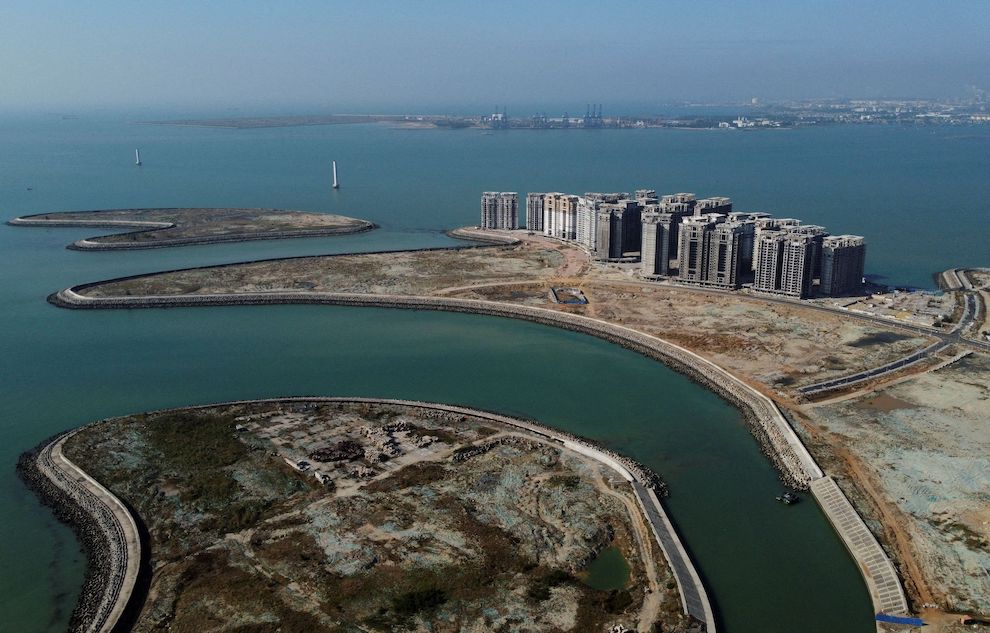 A drone photo shows the 39 buildings built by Evergrande that authorities say must be demolished on Ocean Flower Island off Danzhou