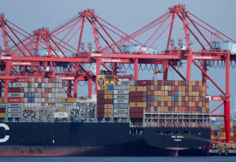 The container ship MSC Beryl is unloaded at Long Beach, California, after sailing from China