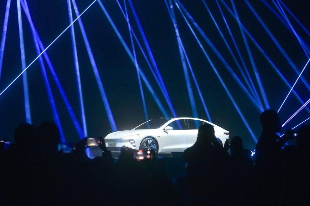 The NIO ET7, the flagship sedan for the Chinese electric car manufacturer, during its launch ceremony in Chengdu, in China's southwest Sichuan province.
