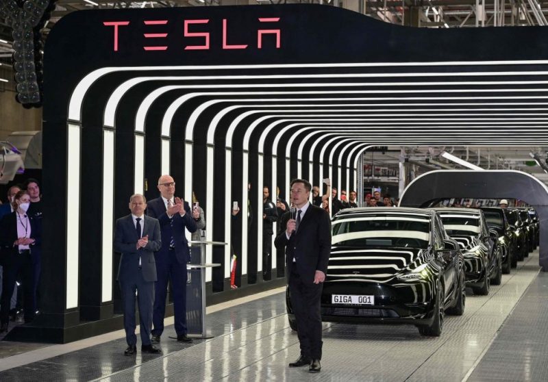 Elon Musk attends the opening of the Tesla Gigafactory for electric cars in Gruenheide, near Berlin