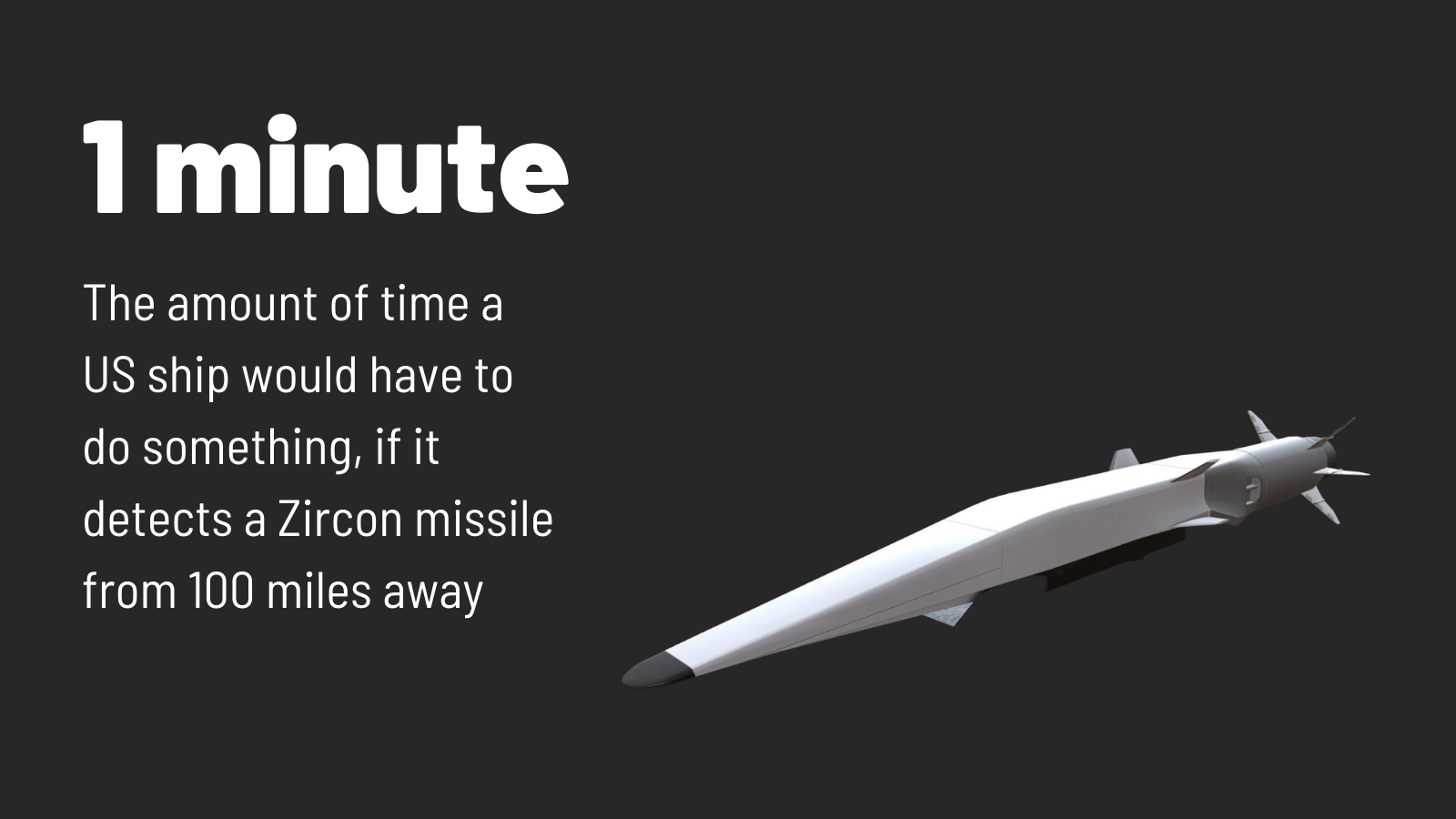 3M22 Zircon fly so fast and low— at speeds of up to Mach 6 and at a low atmospheric-ballistic trajectory — it forms a plasma cloud as it moves, absorbing radio waves and making it practically invisible to active radar systems.