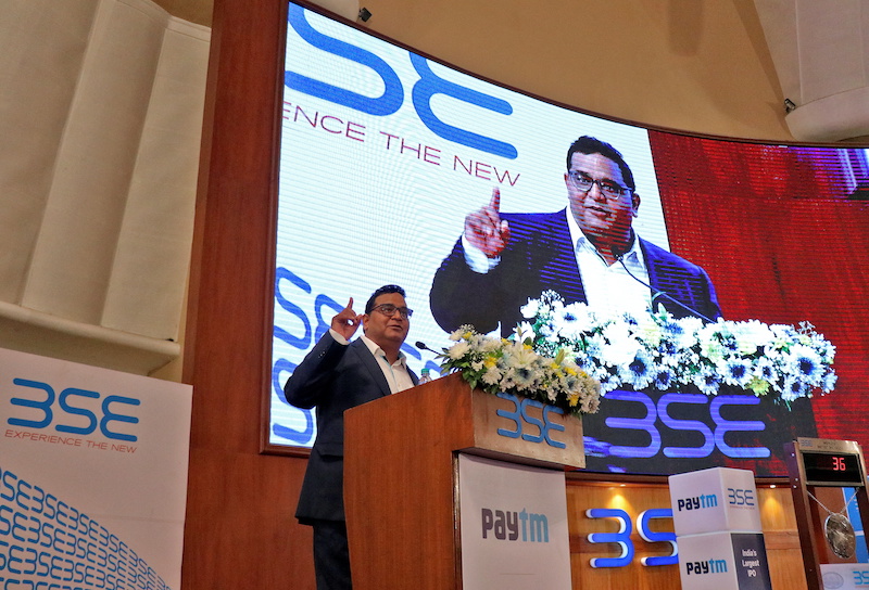 Paytm founder and CEO Vijay Shekhar Sharma delivers a speech during his company's IPO listing ceremony at the Bombay Stock Exchange (BSE) in Mumbai, India, in November last year