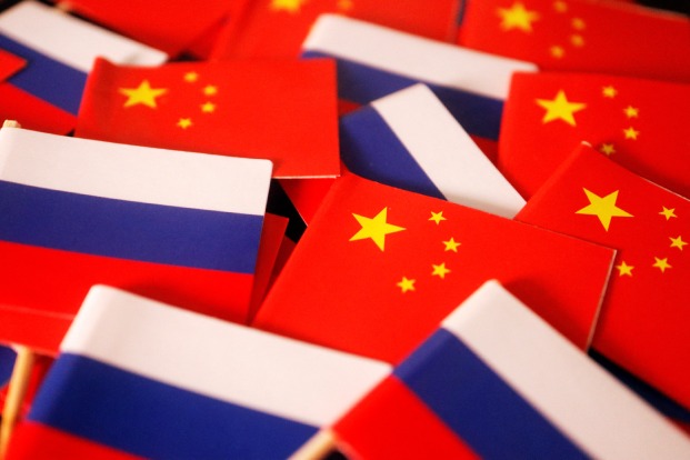 Flags of China and Russia.