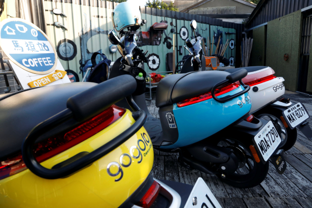 Gogoro's e-scooters parked near a charging station in Taipei