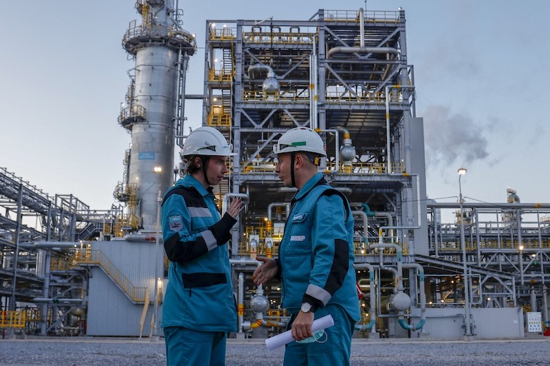 Workers at Sibur's ZapSibNeftekhim petrochemical complex in Tobolsk, Russi