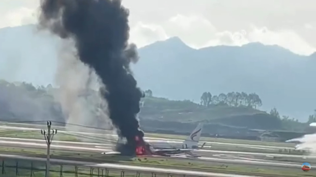 A screen grab of a Tibet Airlines aircraft on fire