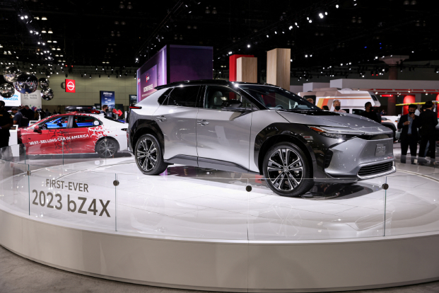 A 2023 Toyota bZ4X all-electric SUV is displayed during the 2021 LA Auto Show in California