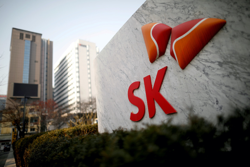 The logo of SK Innovation is seen in front of its headquarters in Seoul, South Korea