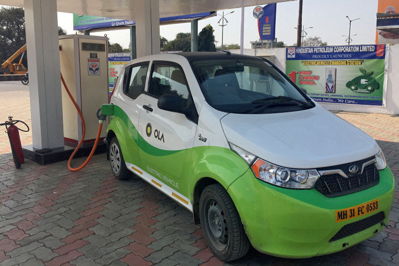 Mahindra's e2oPlus is seen at electric vehicle charging station in Nagpur