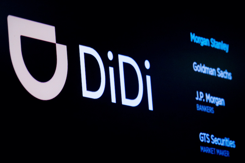 The logo for Chinese ride-hailing company Didi Global Inc during the IPO on the New York Stock Exchange floor