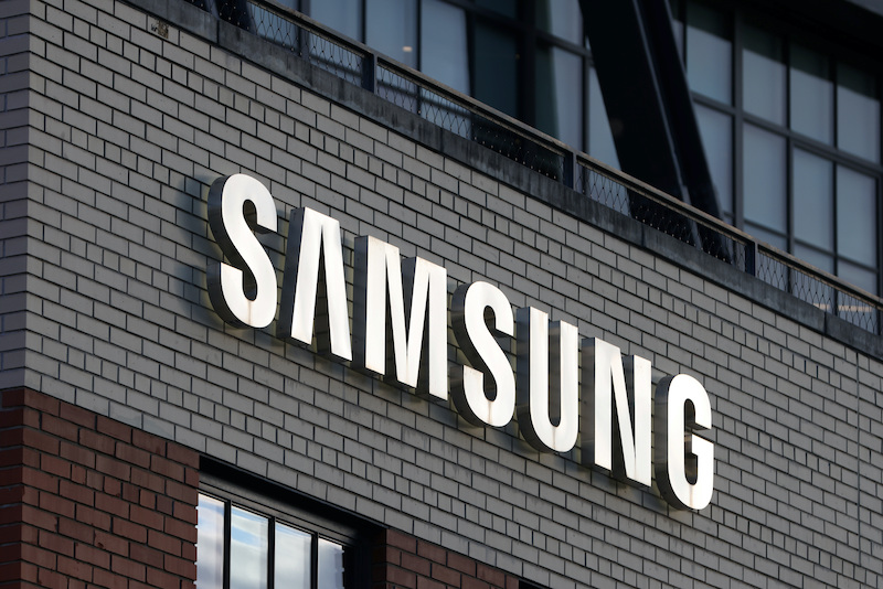 A Samsung sign is seen at the Korean company's centre in Manhattan, New York