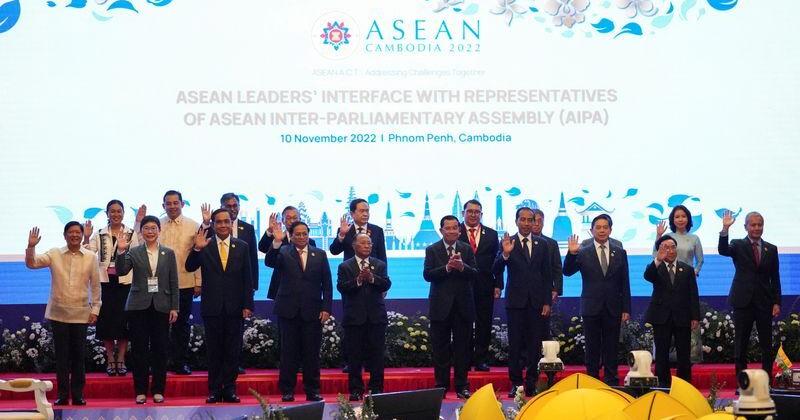 Leaders of nine ASEAN nations are seen at the regional summit in Phnom Penh on November 10, 2022.
