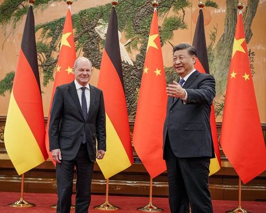 German Chancellor Olaf Scholz meets President Xi Jinping in the Great Hall of the People in Beijing on Friday November 4, 2022