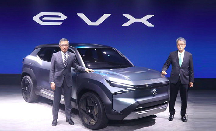 Suzuki Motor Corp Chairman Toshihiro Suzuki and Maruti Suzuki CEO Hisashi Takeuchi unveil ‘Concept eVX’, the Japanese car giant’s first Global Strategic EV at the Auto Expo in India on January 11, 2023