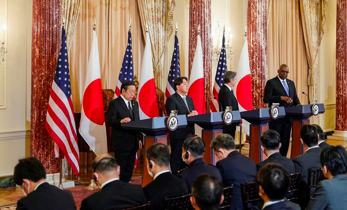 US Secretary of State Antony Blinken and Defense Secretary Lloyd Austin hold a joint press conference with Japan’s Foreign Minister Yoshimasa Hayashi and Defense Minister Yasukazu Hamada as part of the 2023 U.S.-Japan Security Consultative Committee meeting at the State Department in Washington, U.S., January 11, 2023