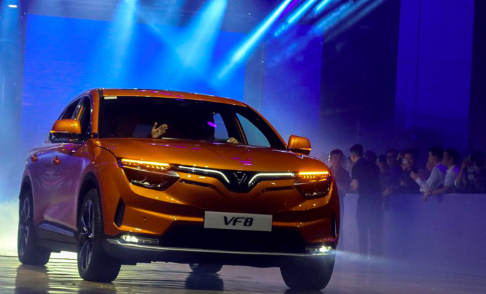 A VinFast VF 8 model is seen during a car delivery ceremony at the VinFast car factory in Haiphong province, Vietnam