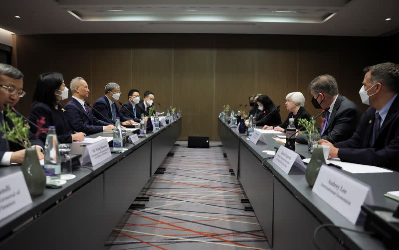 China's Liu He, mid-left, and Janet Yellen are seen during their talks in Zurich on Wednesday.