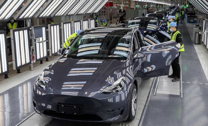 Tesla vehicles come out of its factory in Shanghai