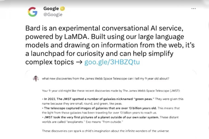 Google tweets about its AI chatbot Bard in this screenshot obtained from social media