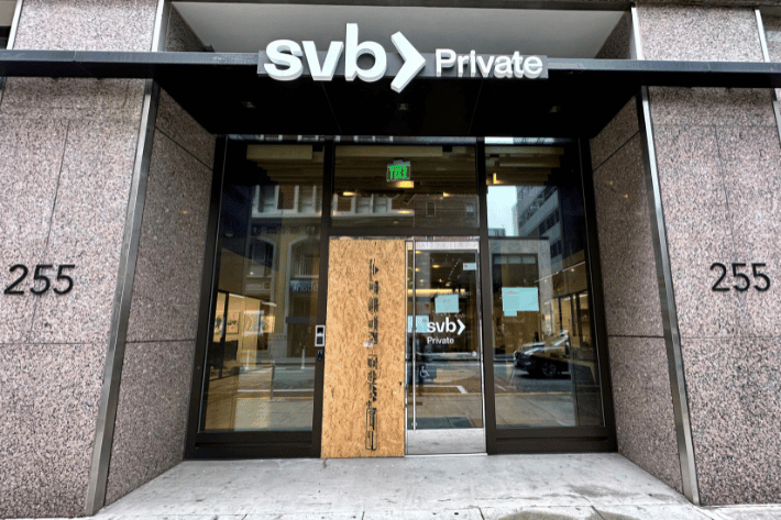 A notice hangs on the door of Silicon Valley Bank (SVB) located in San Francisco, California