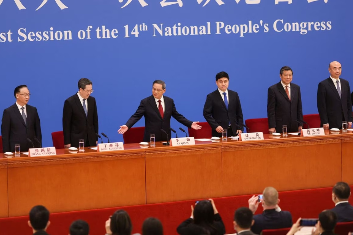 Chinese Premier Li Qiang, Chinese Vice Premiers Ding Xuexiang, Zhang Guoqing, He Lifeng and Liu Guozhong attend a news conference following the closing session of the National People's Congress (NPC), at the Great Hall of the People, in Beijing, China
