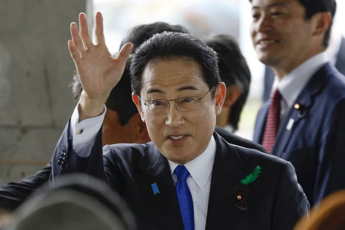 Japanese Prime Minister Fumio Kishida attends his outdoor speech at Saikazaki fishing port in Wakayama, south-western Japan