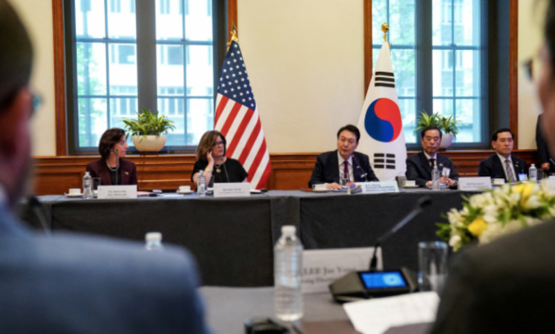 South Korean President Yoon Suk Yeol delivers remarks to the US-Korea Business Council at the US Chamber of Commerce in Washington DC, on April 25, 2023. Photo: Reuters