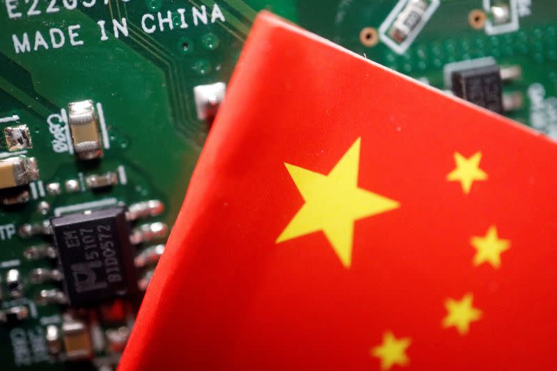 China's flag is seen with a computer chip