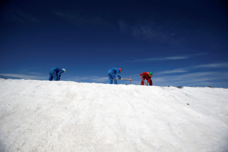 Labourers work at a lithium plant on the Atacama salt flat in Chile