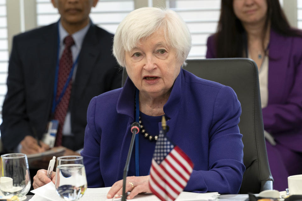 Treasury Sect Janet Yellen speaks at a roundtable during the WB IMF meetings in Washington