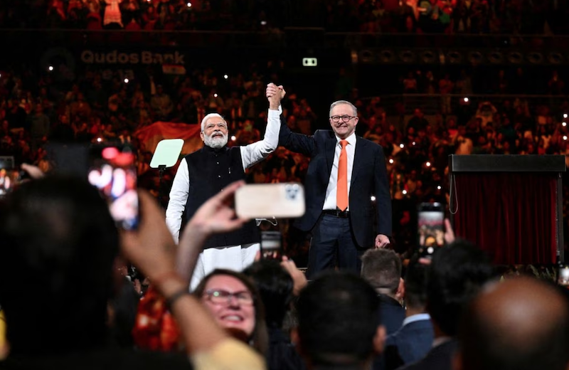 India's Prime Minister Narendra Modi and Australia's Prime Minister Anthony Albanese attend a community event at Qudos Bank Arena in Sydney, Australia May 23, 2023. AAP Image/Dean Lewins via REUTERS