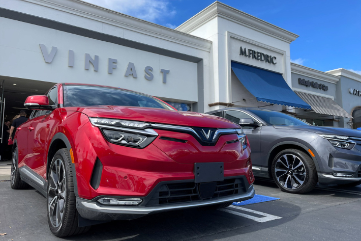 VinFast electric vehicles are parked before delivery to their first customers at a store in Los Angeles, California, US