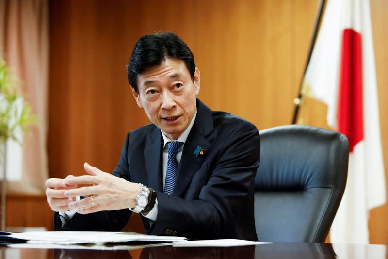 Japan's minister of economy, trade and industry Nishimura Yasutoshi is expected to issue a joint statement on closer tech cooperation with his US counterpart Gina Raimondo in Detroit today.