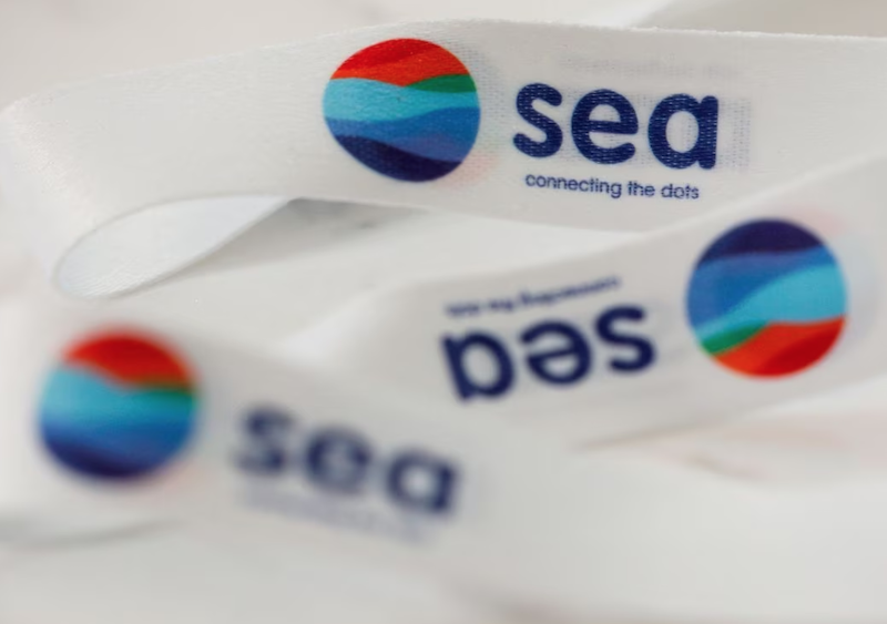 A lanyard showing logos of Southeast Asian e-commerce and gaming group Sea Ltd is pictured at its office in Singapore, March 5, 2021. REUTERS/Edgar Su