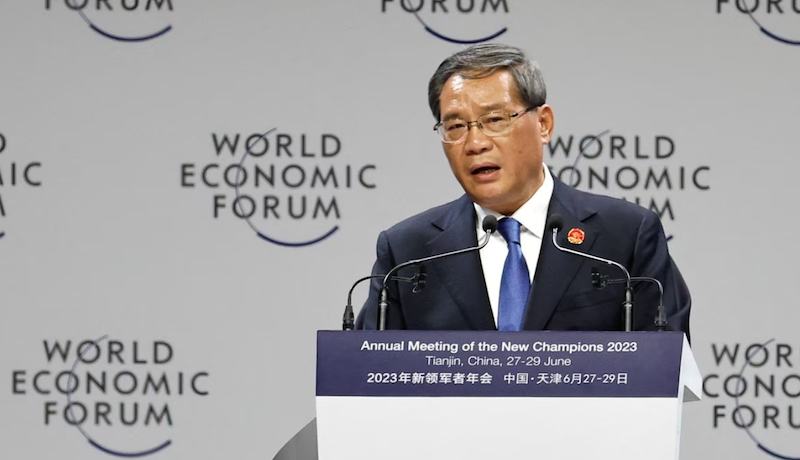 Chinese Premier Li Qiang, speaks at the opening session of the World Economic Forum's 14th Annual Meeting of the New Champions 2023, at the Meijiang Convention and Exhibition Centre in Tianjin, China June 27, 2023. REUTERS/Tingshu Wang