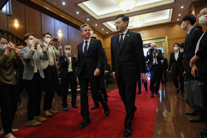 US Secretary of State Antony Blinken walks with China's Foreign Minister Qin Gang at the Diaoyutai State Guesthouse in Beijing, China