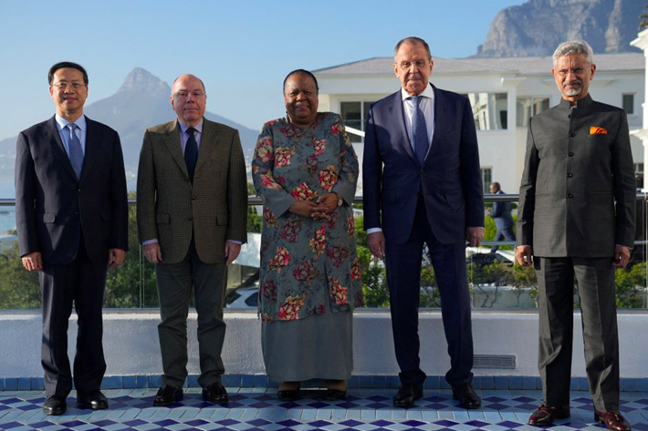 China's Vice Foreign Minister Ma Zhaoxu, Brazil's Foreign Minister Mauro Vieira, South Africa's Foreign Minister Naledi Pandor, Russia's Foreign Minister Sergei Lavrov and India's Foreign Minister Subrahmanyam Jaishankar attend a BRICS foreign ministers meeting in Cape Town, South Afric