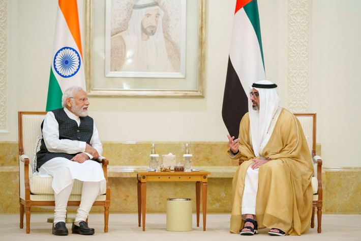 Sheikh Khaled bin Mohamed bin Zayed Al Nahyan, Crown Prince of Abu Dhabi, meets Indian Prime Minister Narendra Modi during his official visit in Abu Dhabi