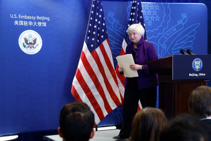 US treasury secretary Janet Yellen attends a press conference at the US embassy in Beijing, China