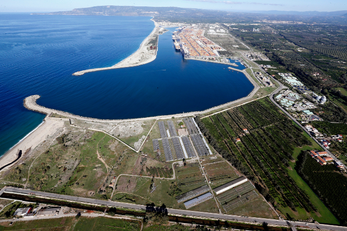 Italy's biggest container port Gioia Tauro is seen from a helicopter in the southern Italian region of Calabria