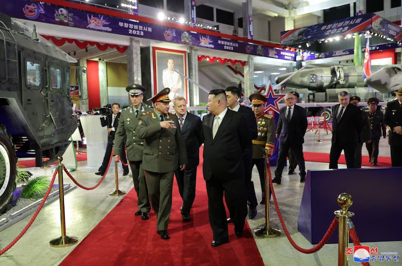 North Korean leader Kim Jong Un and Russia's Defense Minister Sergei Shoigu visit an exhibition of armed equipment on the occasion of the 70th anniversary of the Korean War armistice in this image released by North Korea's Korean Central News Agency on July 27, 2023. KCNA via REUTERS/File Photo