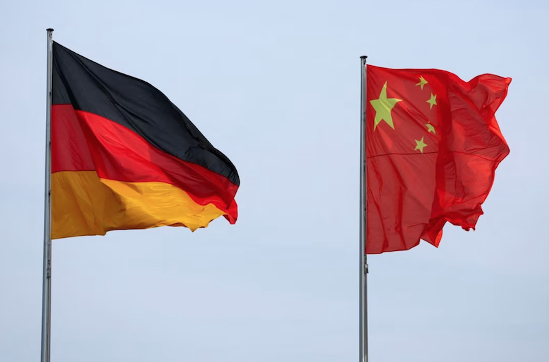 The flags of Germany and China are seen ahead of a meeting between German Chancellor Olaf Scholz and Chinese Premier Li Qiang in Berlin, Germany, June 19, 2023. REUTERS/Fabrizio Bensch
