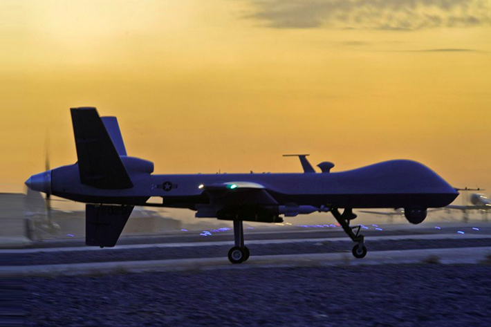 A MQ-9 Reaper drone taxis at Kandahar Airfield, Afghanistan.