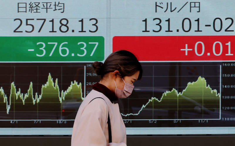 A woman walks past an electric board showing Nikkei index and exchange rate between Japanese Yen and U.S. dollar outside a brokerage at a business district in Tokyo, Japan January 4, 2023. REUTERS/Kim Kyung-Hoon