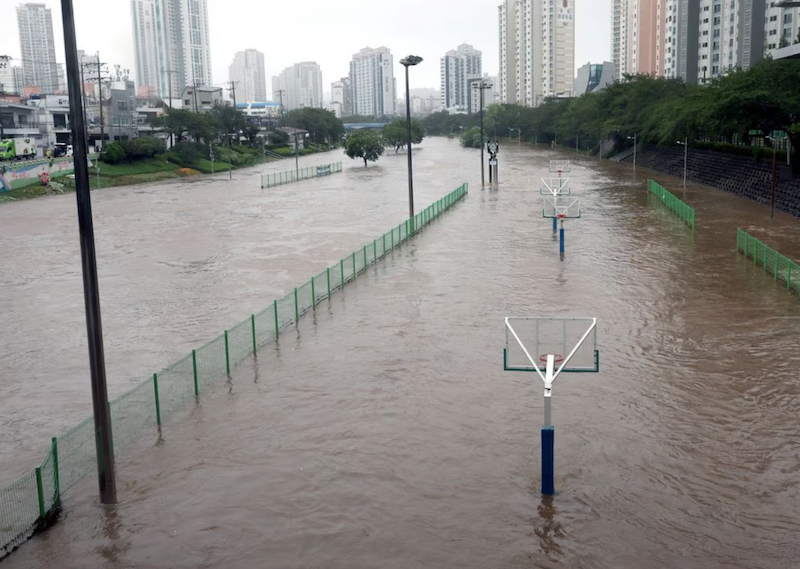 A park is submerged due to typhoon Khanun in Busan, South Korea, August 10, 2023. Yonhap via REUTERS